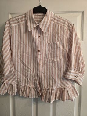 Women's Tan-White Striped Ruffle Hem Button-Down Shirt